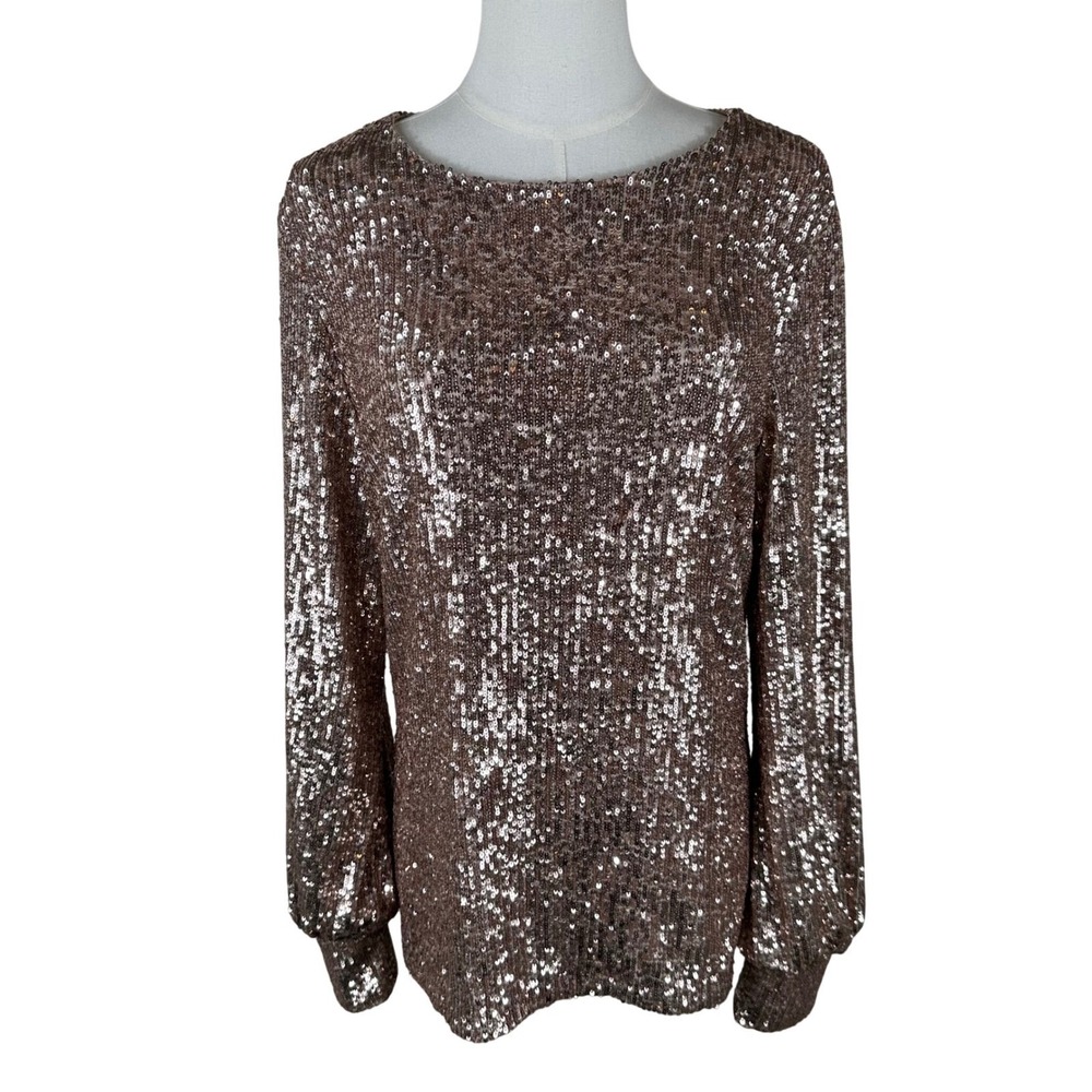NWT Rickie Freeman Teri Jon Top Women 14 Gold Sequin Balloon Sleeve Blouse